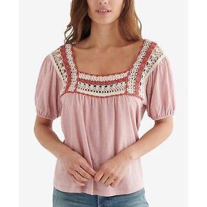 LUCKY BRAND Womens Pink Short Sleeve Square Neck Top S
